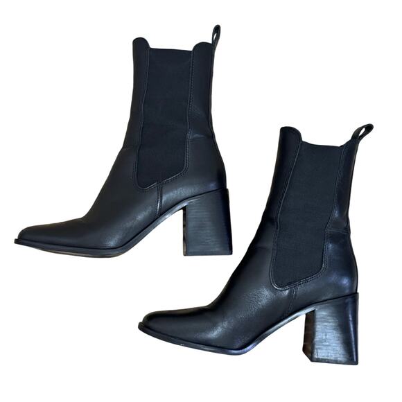 Steve Madden Argent Black Leather Square Toe Block Heel Boots 7.5M - Picture 3 of 6